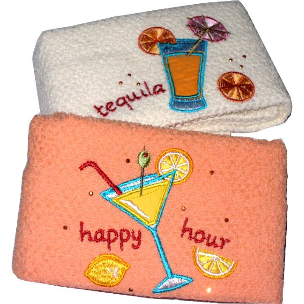 Set of Two Cotton Terry Kitchen Dish Towels - Happy Hour - Orange